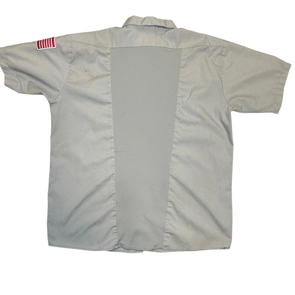 Vintage Mens ESTES Work Shirt Short Sleeve‎ Gray Embroidered Ray American Flag